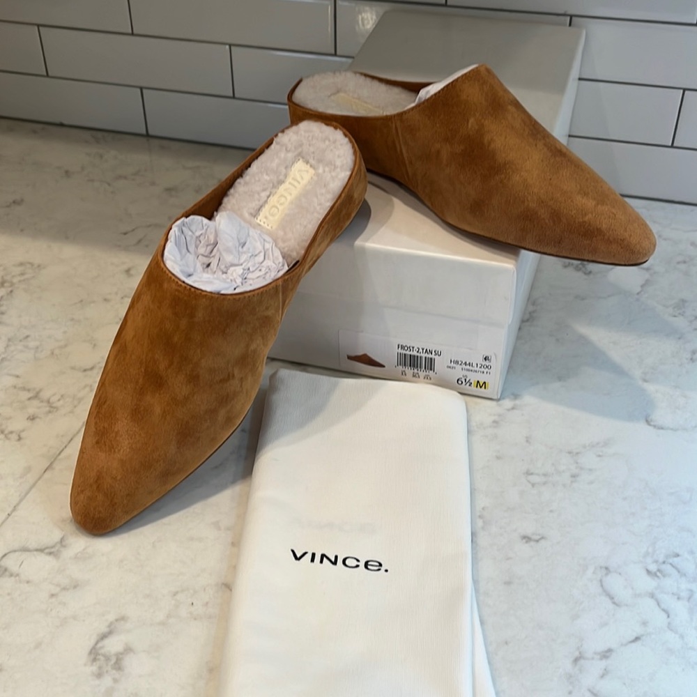 New in Box Vince Womens Tan Suede Mules, Size 6.5